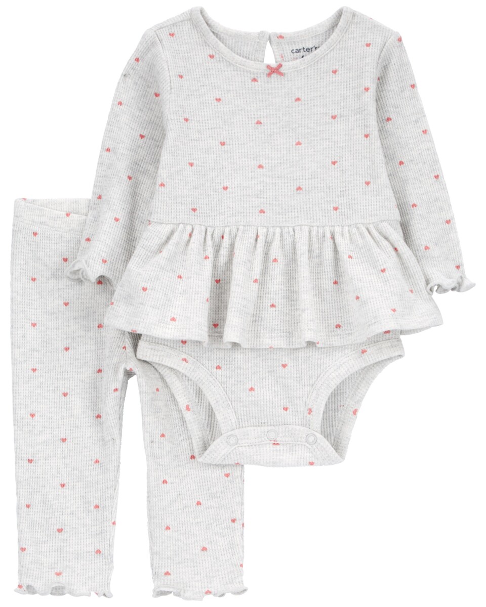 Set dos piezas de algodón térmico, pantalón y body, diseño corazones 