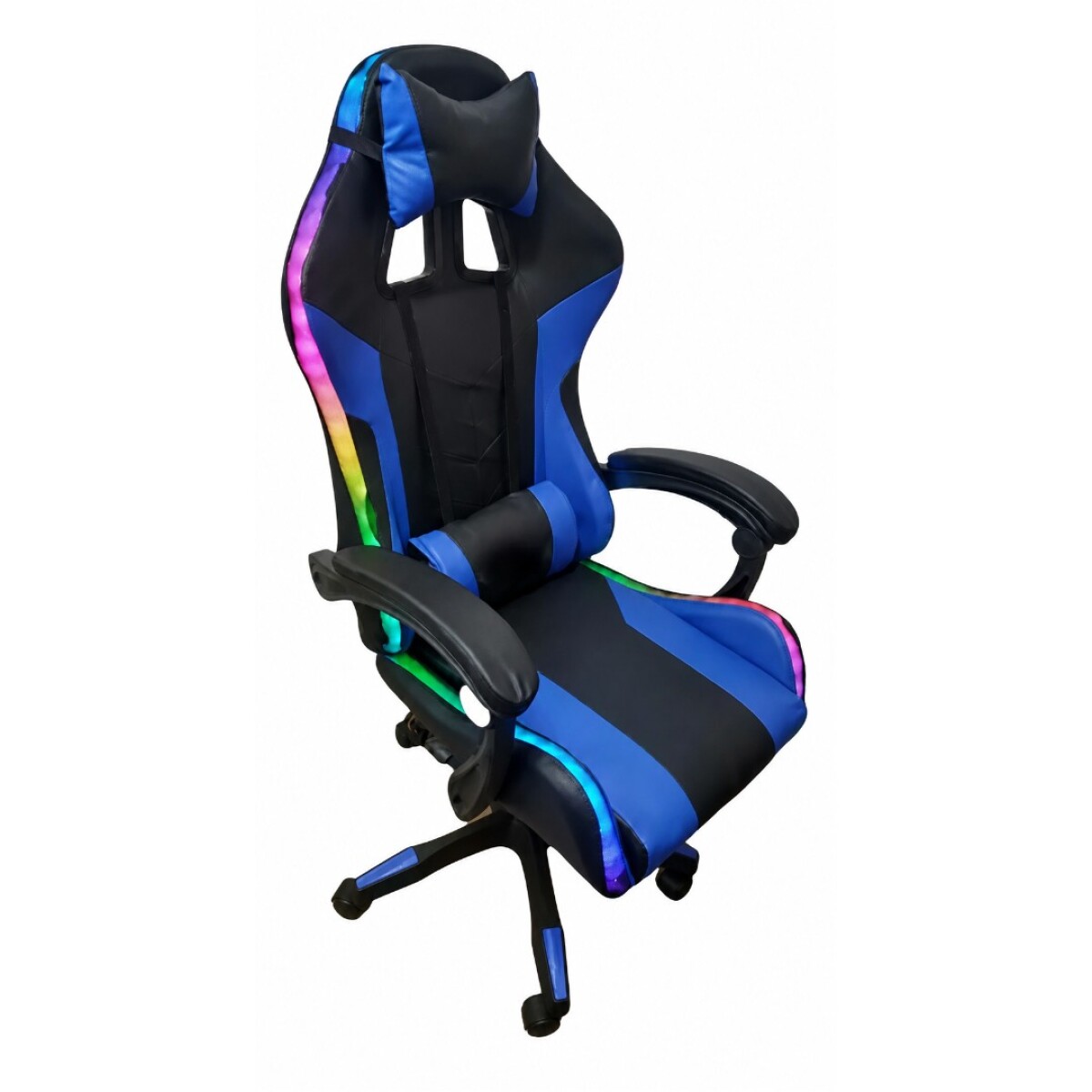 SILLA GAMER CON LUCES RGB ERGONOMICA RECLINABLE CON POSAPIE AZUL Y NEGRO 