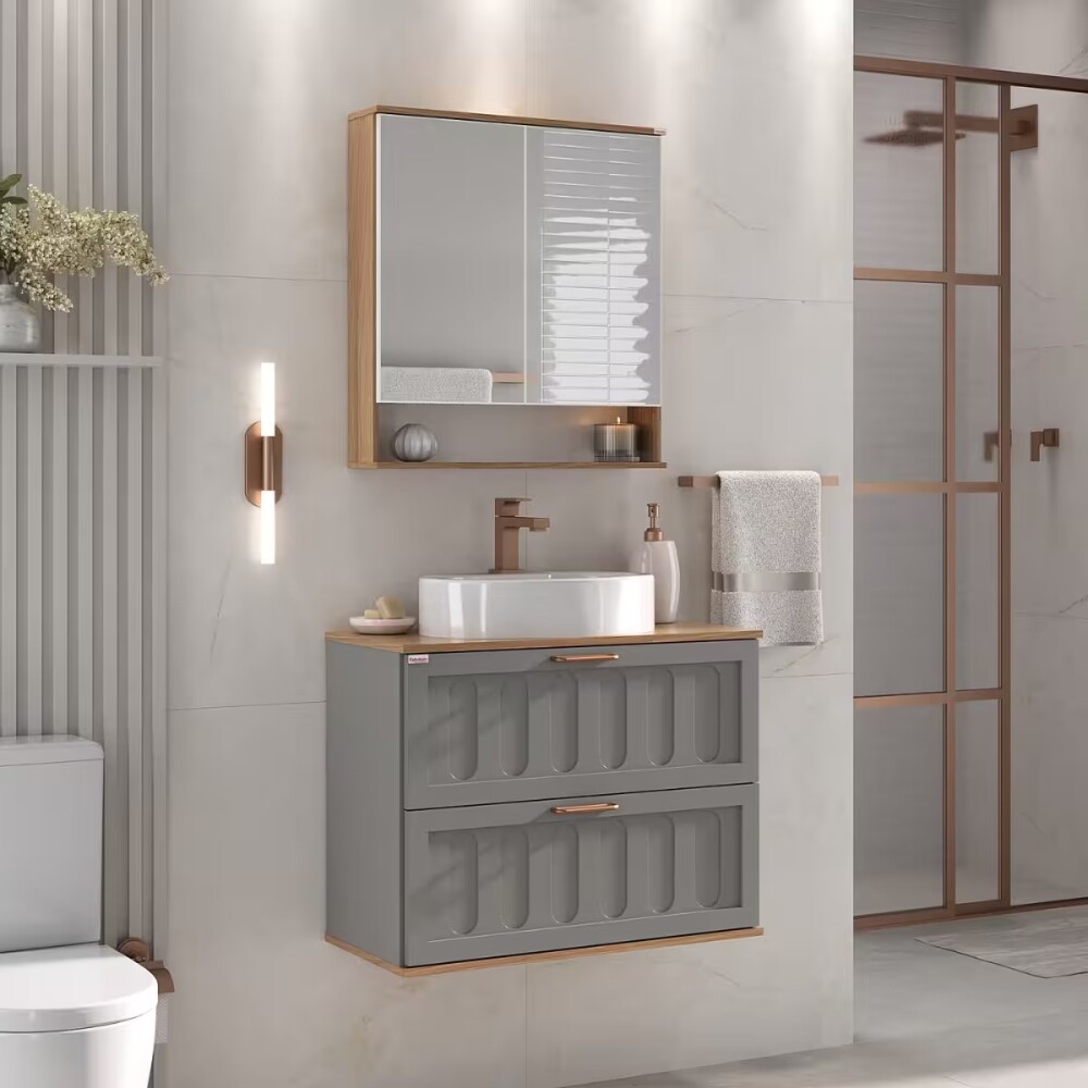 Mueble de baño suspendido Milena 78 cm Avellana/Catedral con bacha Mueble De Baño Suspendido Milena 78 Cm Avellana/catedral Con Bacha