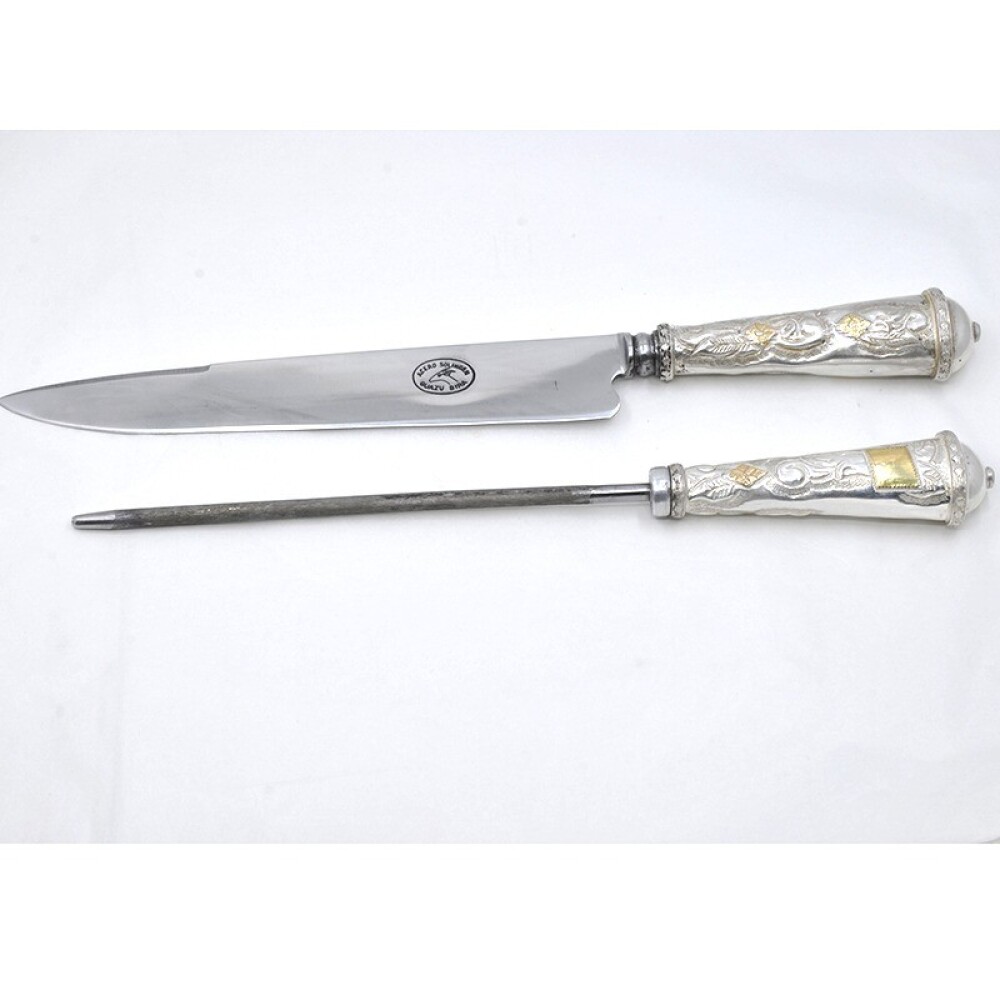 Cuchillo Hoja De 20 Cm Y Chaira, Cabo Plata Y Oro, Vaina De Cuero Cuchillo Hoja De 20 Cm Y Chaira, Cabo Plata Y Oro, Vaina De Cuero