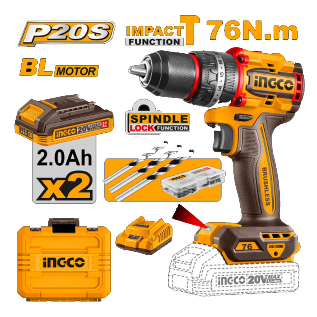 TALADRO ATORNILLADOR C/PERCUTOR 76NM A BATERIA BRUSHLESS 20V P20S C/ BAT Y CARGA 