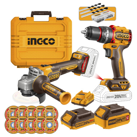 Kit Ingco Inalambrico Taladro Atornillador + Amoladora + 2 Baterías + Valija + Accesorios Kit Ingco Inalambrico Taladro Atornillador + Amoladora + 2 Baterías + Valija + Accesorios