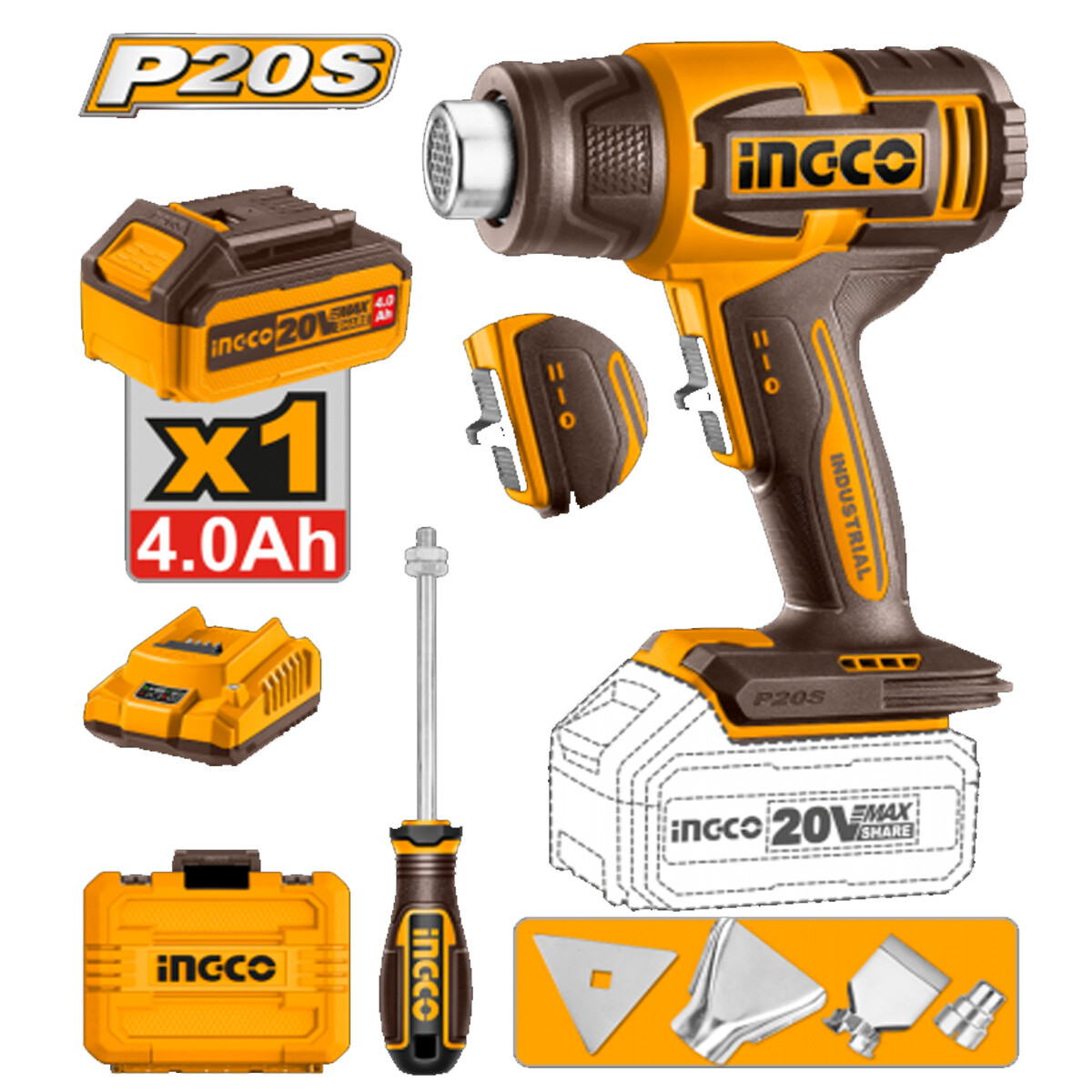 PISTOLA DE CALOR 550°C A BATERIA P20S 20V + BAT 4.0AH + CARGADOR + VALIJA + ACCE 