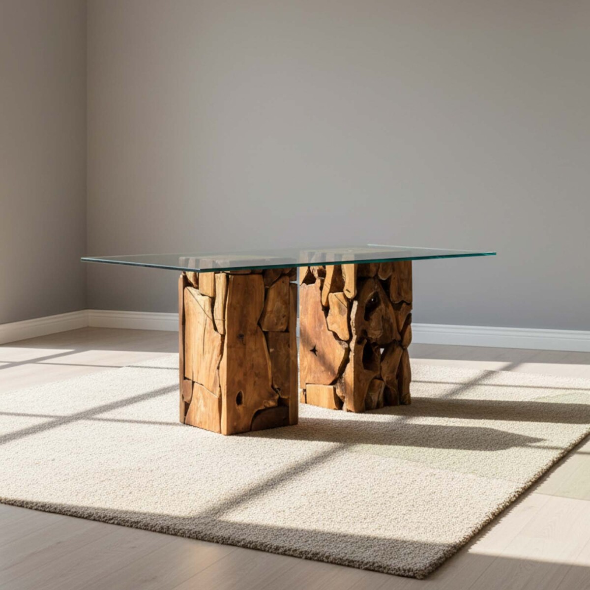 MESA DE COMEDOR - MADERA-Y-VIDRIO NATURAL-BEIGE RAÍZ 