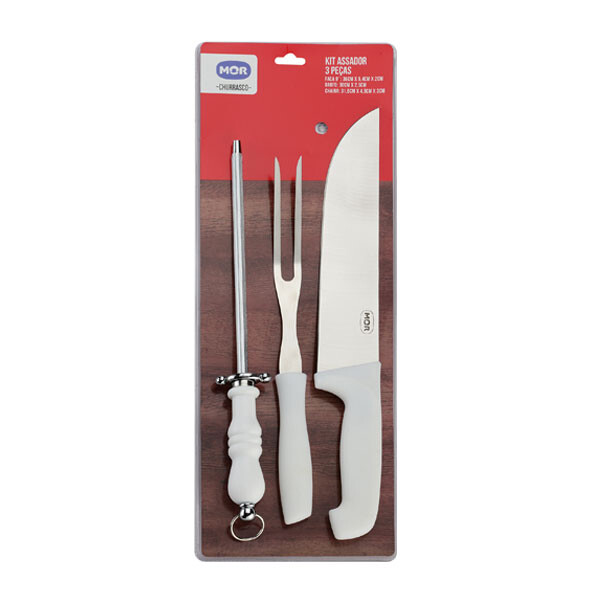 KIT ASADO 3 PIEZAS CUCHIILLO, TENEDOR, CHAIRA MANGO BLANCO BLANCO