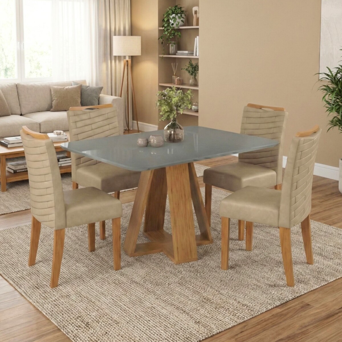 Juego De Comedor - 4 Sillas + Mesa Tapa De Vidrio - Celeste - Marrón | Gris 