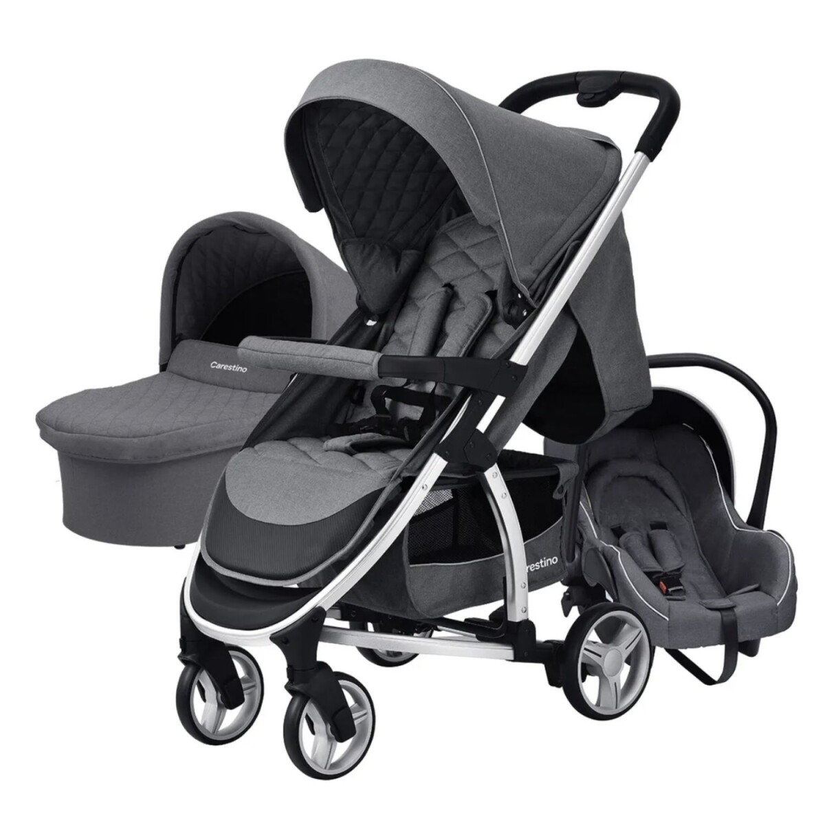 Kit Cochecito Carestino London 3 en 1 + Moisés + Butaca + Accesorios - Gris 
