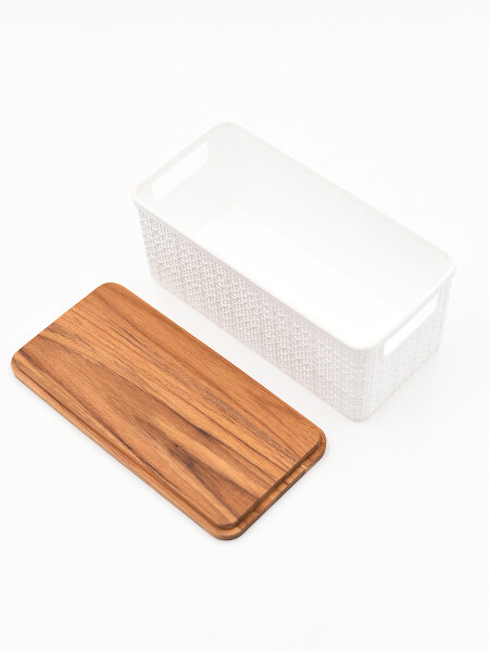 CESTA PLÁSTICA YUTE CON TAPA MADERA BLANCO