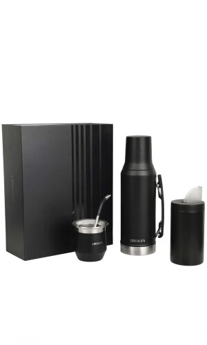 KIT CEBADOR MATE -TERMO -YERBERA -BOMBIL PREMIUM NEGRO