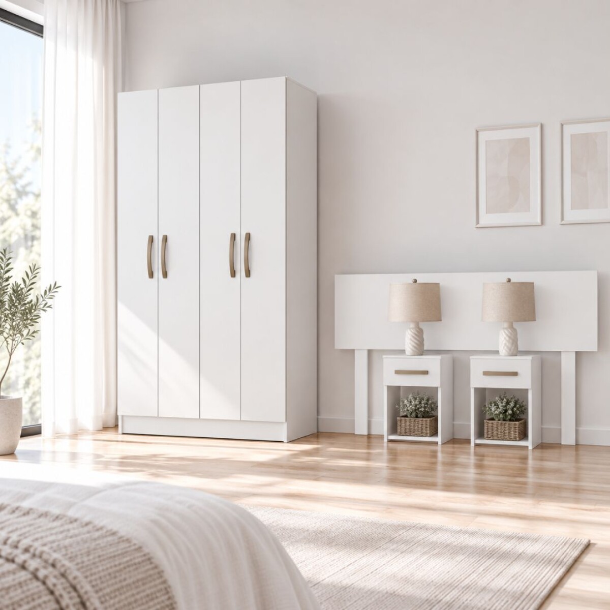 COMBO DORMITORIO – ROPERO 4 PUERTAS + RESPALDO + 2 MESAS DE LUZ - BLANCO 