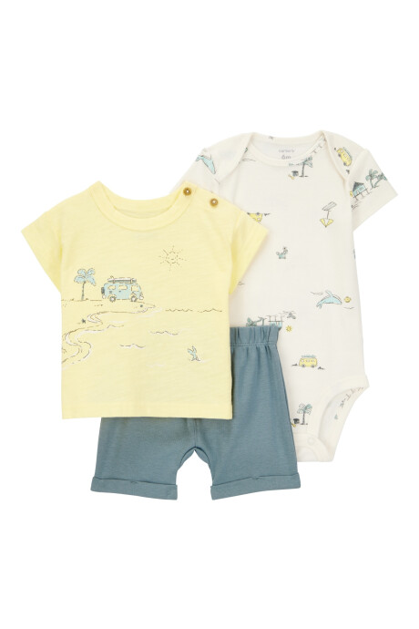 Set tres piezas de algodón, short, remera y body, diseño playa Sin color
