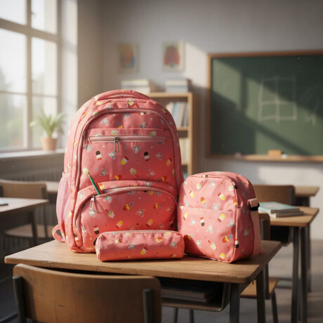 Set Mochila 3 Piezas Estampado Helados Escolar Resistente Rosa