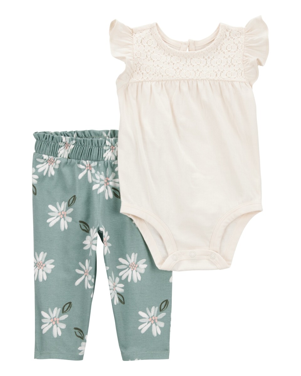 Set dos piezas de algodón, pantalón y body con encaje, diseño floral 
