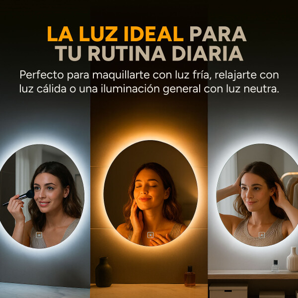 Espejo Redondo Baño Táctil 3 Modos Luz Retroiluminado 60 Cm Diseño Circular