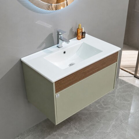 Mueble de baño 1 cajón verde y nogal 80cm Mueble De Baño 1 Cajón Verde Y Nogal 80cm