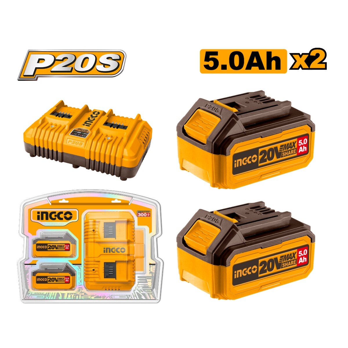 Set X 2 Baterias 20V 5AMP + 1 Cargador Ingco FBCPK2425 