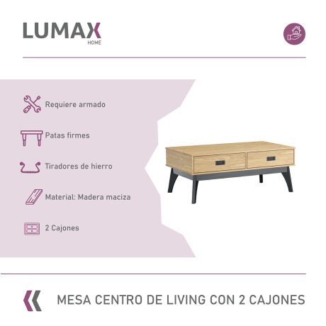 Mesa Ratona de Centro Living Lumax 2 Cajones 100% Madera Maciza Mesa Ratona de Centro Living Lumax 2 Cajones 100% Madera Maciza