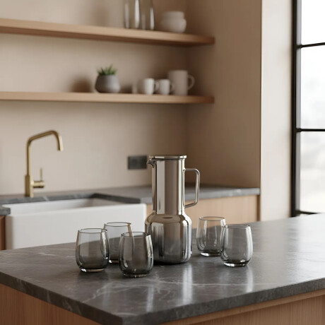 Set Jarra Vidrio + 6 Vasos Bebidas Frias Brunch Ahumado