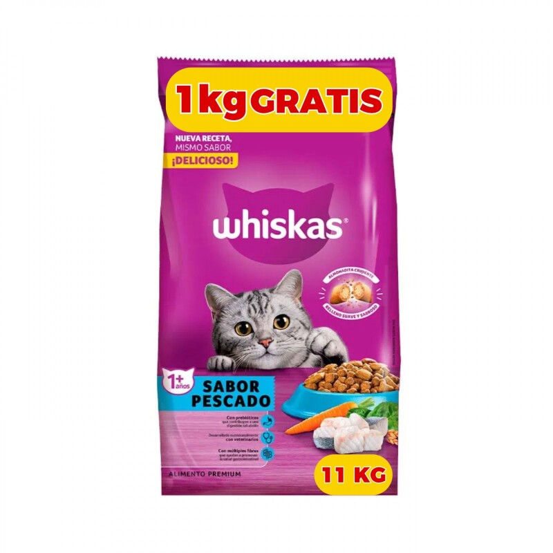 WHISKAS GATOS ADULTOS 10 KG MÁS 1 KG GRATIS SABOR PESCADO