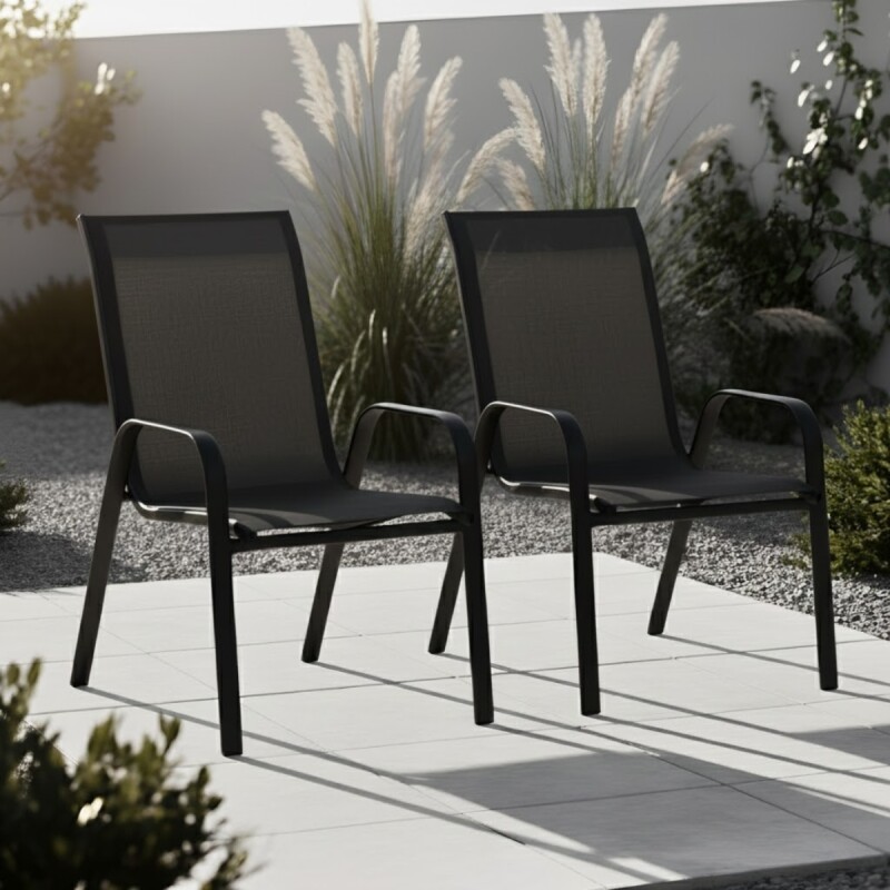 Set x2 Silla De Jardín De Metal Y Textilina Apilable con Apoyabrazos NEGRO