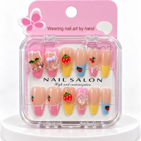 Uñas Postisas Infantiles 3D Cerezas Rosa