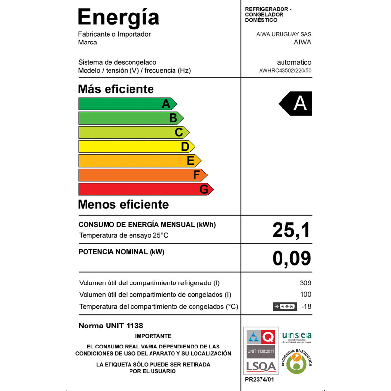 Heladera AIWA 410 L Inverter Frío Seco con Dispensador de Agua | AWHRC43502 Heladera AIWA 410 L Inverter Frío Seco con Dispensador de Agua | AWHRC43502