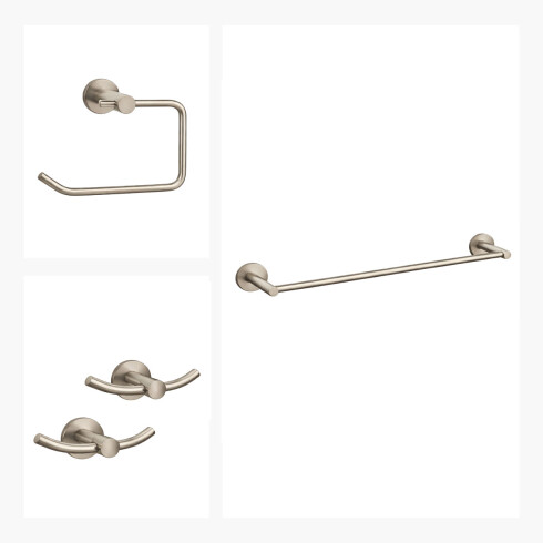 SET DE ACCESORIOS INCLUYE 2 PERCHAS DOBLES,TOALLERO Y PORTA ROLLO, LINEA ROMA 000