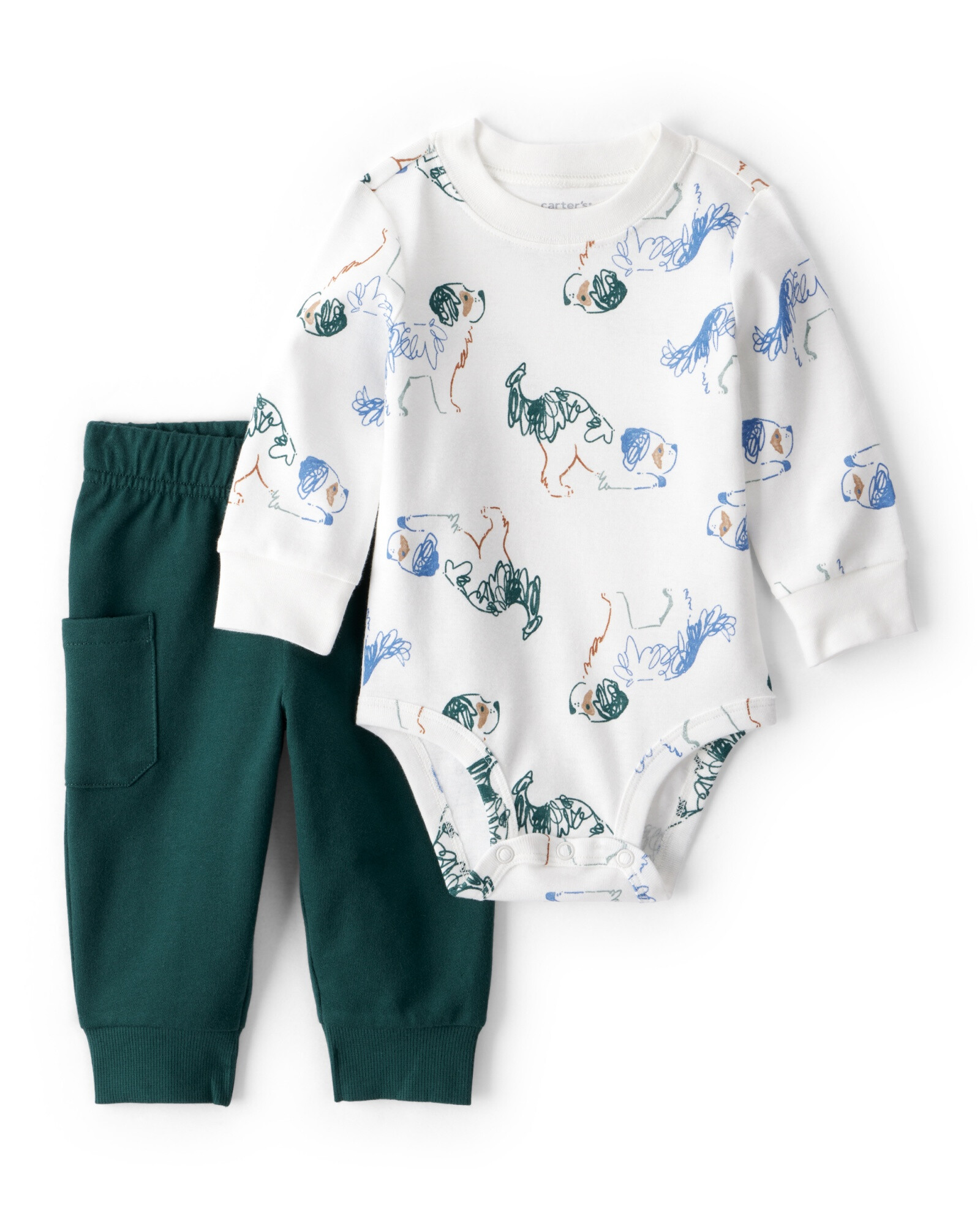 Set dos piezas de algodón, pantalón verde y body, diseño perros Sin color