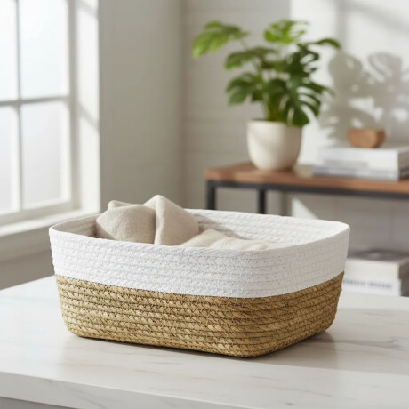 Cesto Canasto Fibra Natural Paramount Decoración 30x23x11Cm Blanco