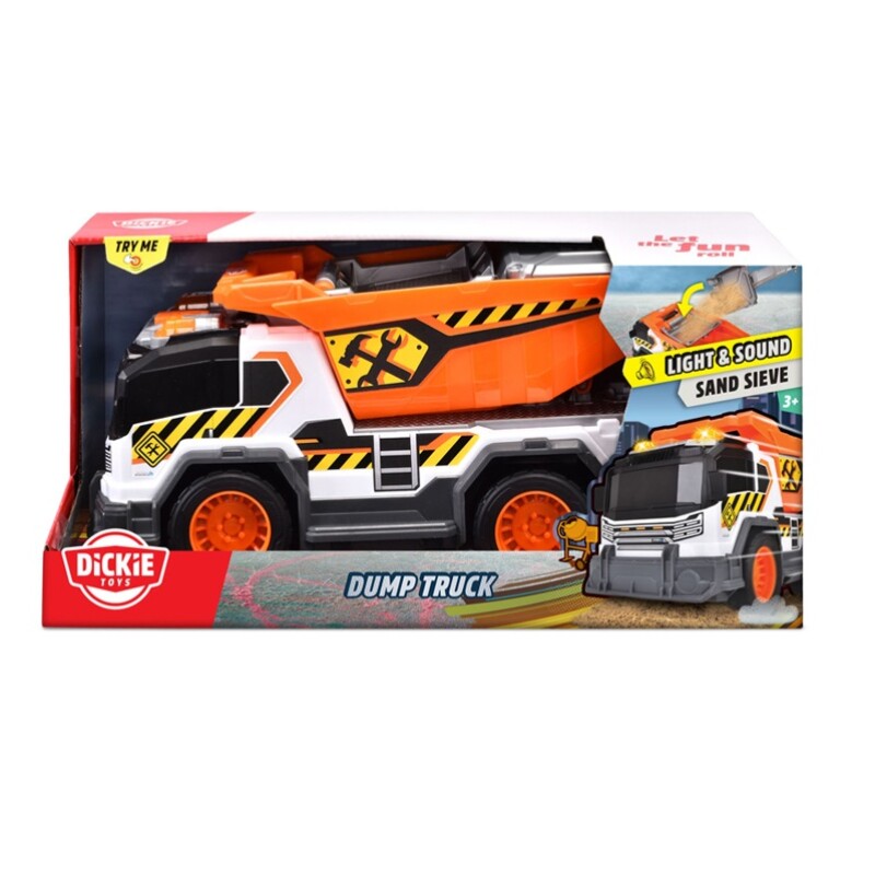 Dickie Toys Camión Volqueta con Luz, Sonido y Pala DICKIE - CAMION VOLQUETA RUEDA LIBRE, LUCES Y SONIDOS, VERTEDERO MANUAL CON TAMIZ DE ARENA, PALA DE ARENA INCLUIDA LA PALA SE PU