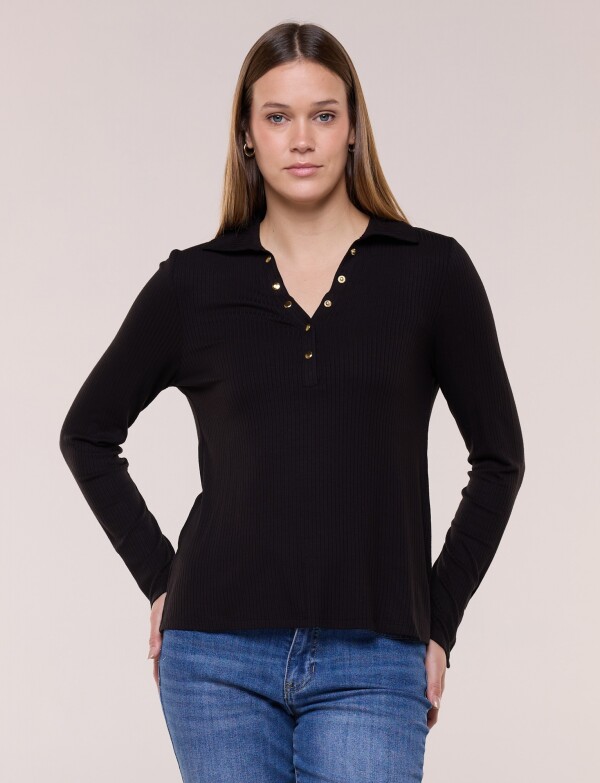 Remera Cuello Polo Con Botones NEGRO