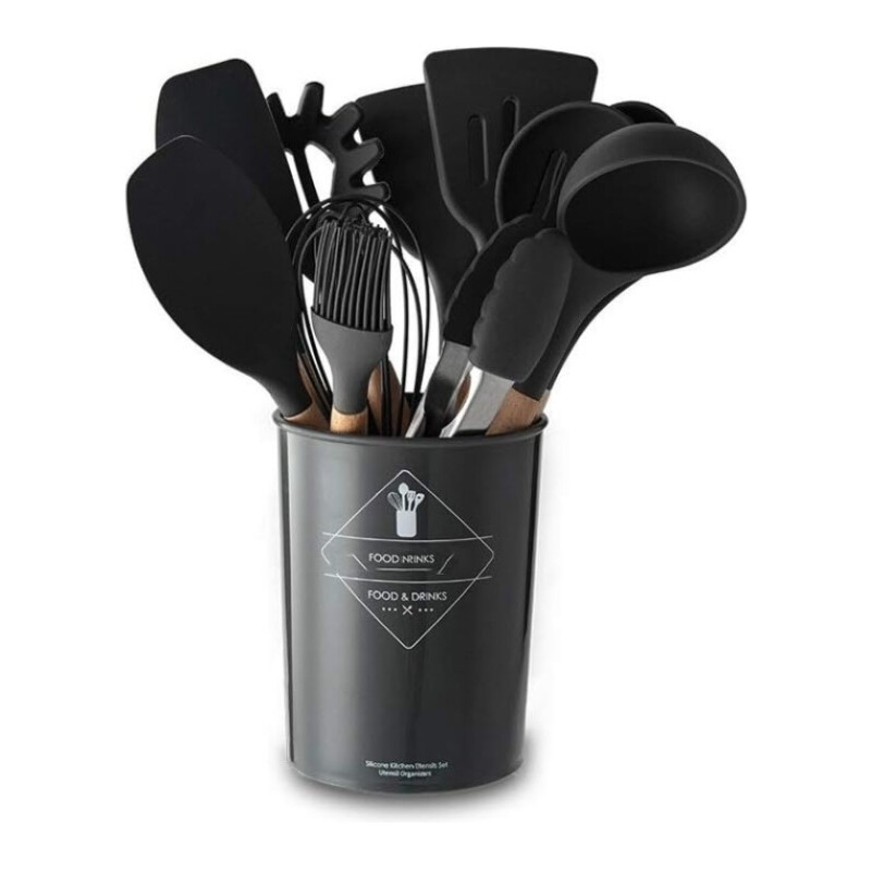 Kit Set Utensilios Para Cocina Madera Y Goma Negro
