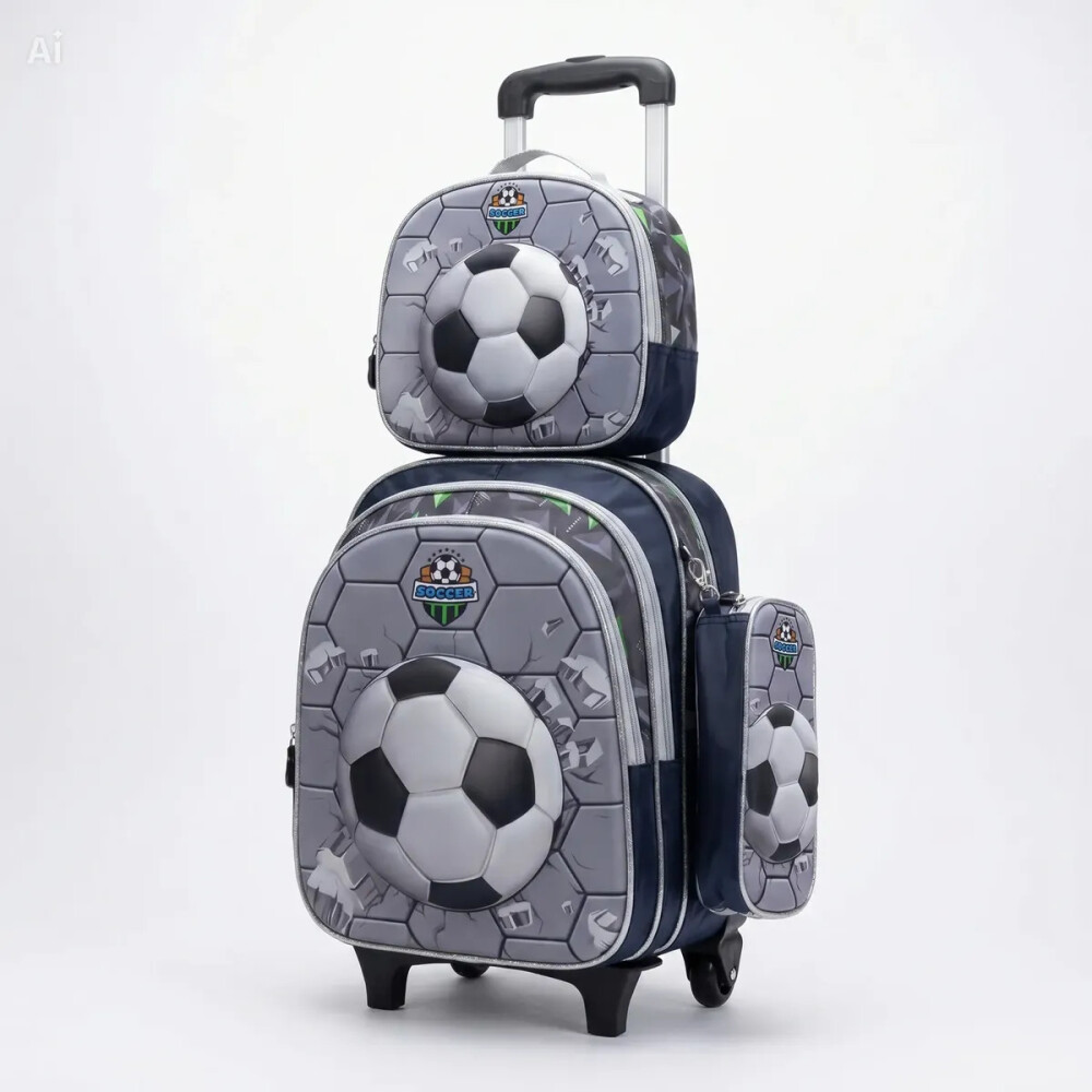 Mochila con carrito, lonchera y cartuchera. Pelota 3d