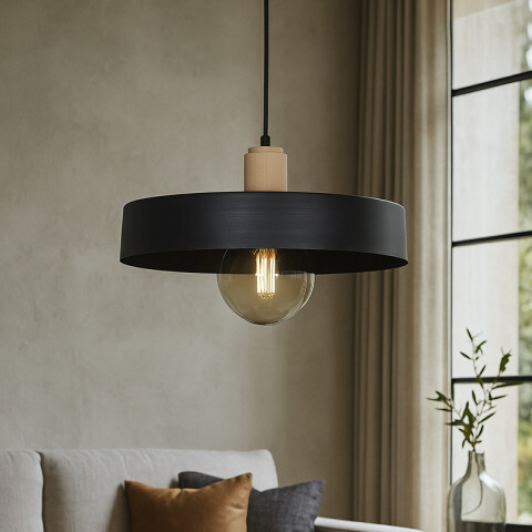 Colgante pantalla metal negro y madera E27 Ø400mm JU0380