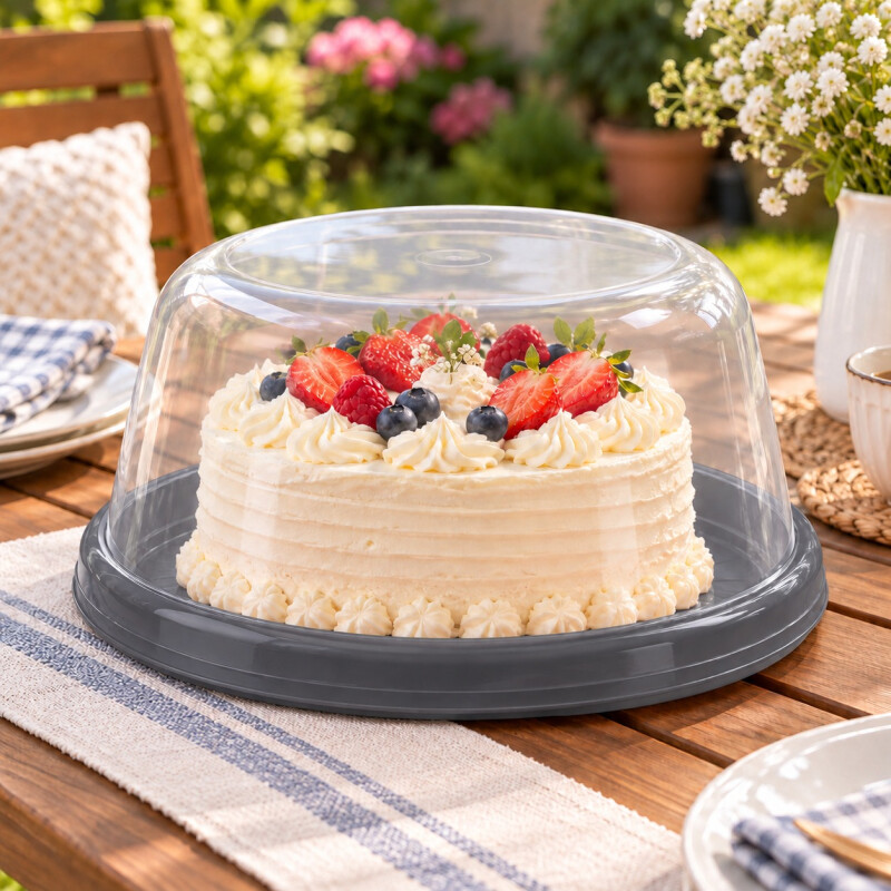 Cubre Torta con Tapa Transparente y Bandeja Plástica 30 cm Gris