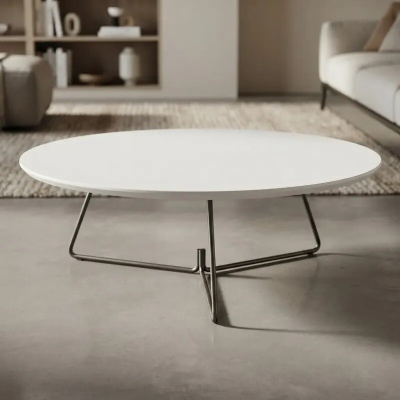 MESA DE CENTRO REDONDA - MADERA COLOR BLANCO Y PIE EN METAL GRAFITO - 90cms MESA DE CENTRO REDONDA - MADERA COLOR BLANCO Y PIE EN METAL GRAFITO - 90cms