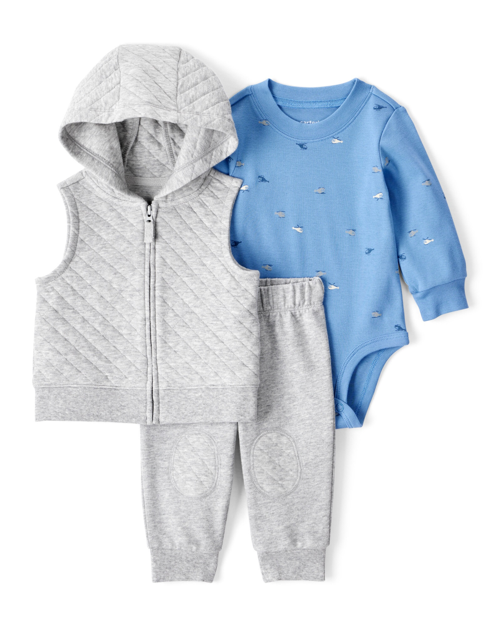 Set tres piezas de algodón, chaleco capitoneado, pantalón y body, diseño helicópteros Set tres piezas de algodón, chaleco capitoneado, pantalón y body, diseño helicópteros