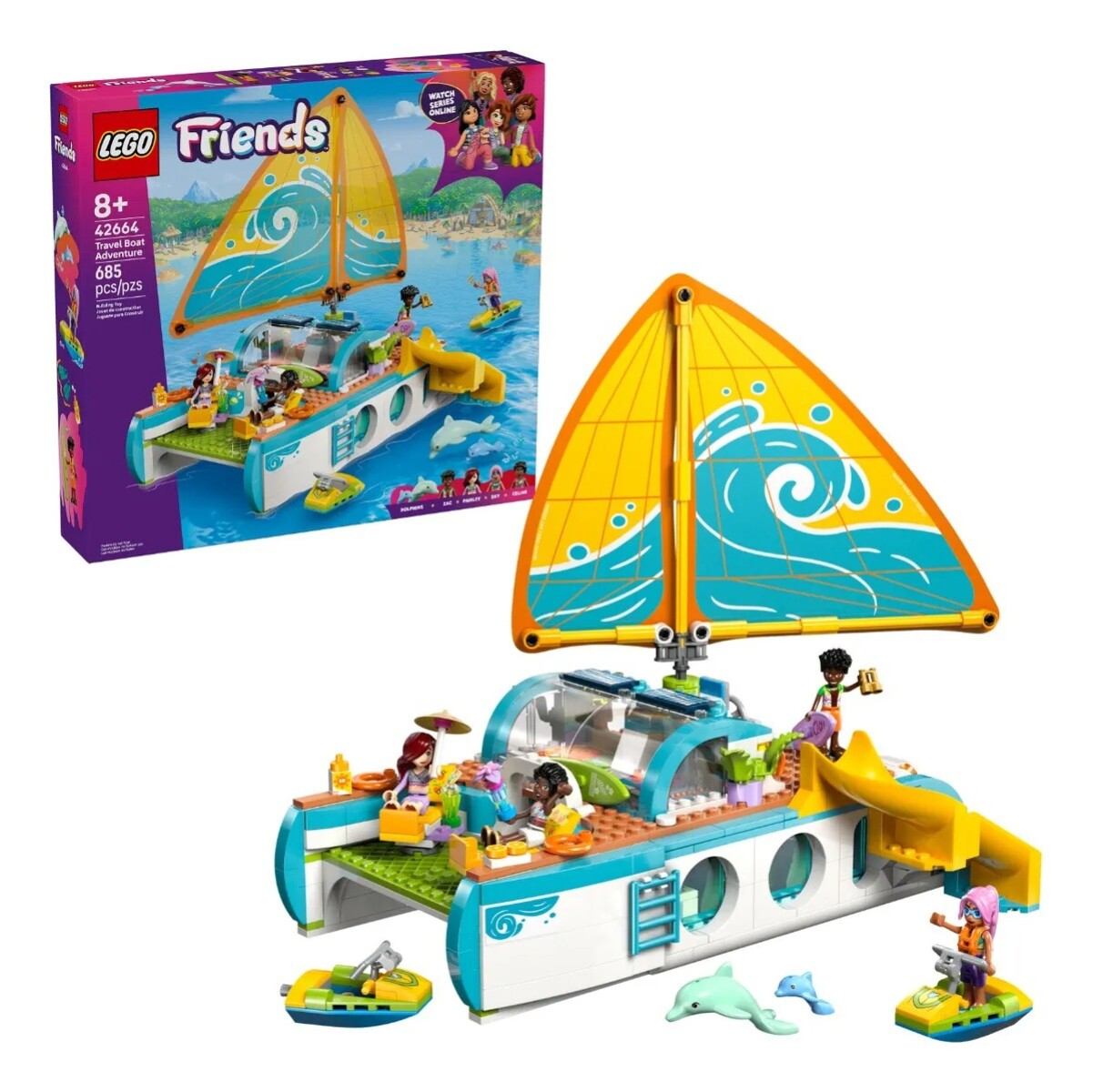 LEGO Friends 42664 Barco de Viaje Adventure – Lancha con 4 Minidolls y Delfines 