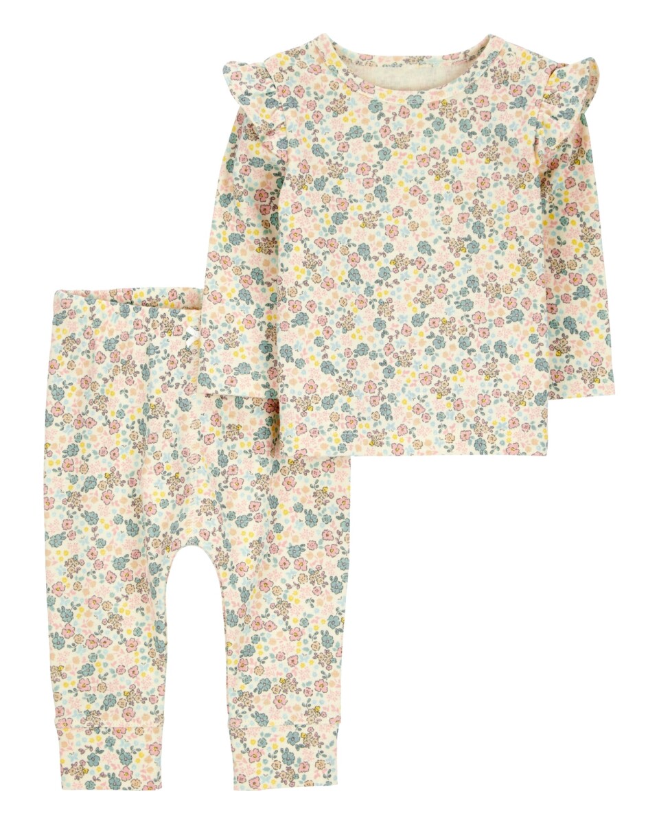 Set dos piezas de algodón, pantalón y remera, diseño floral 