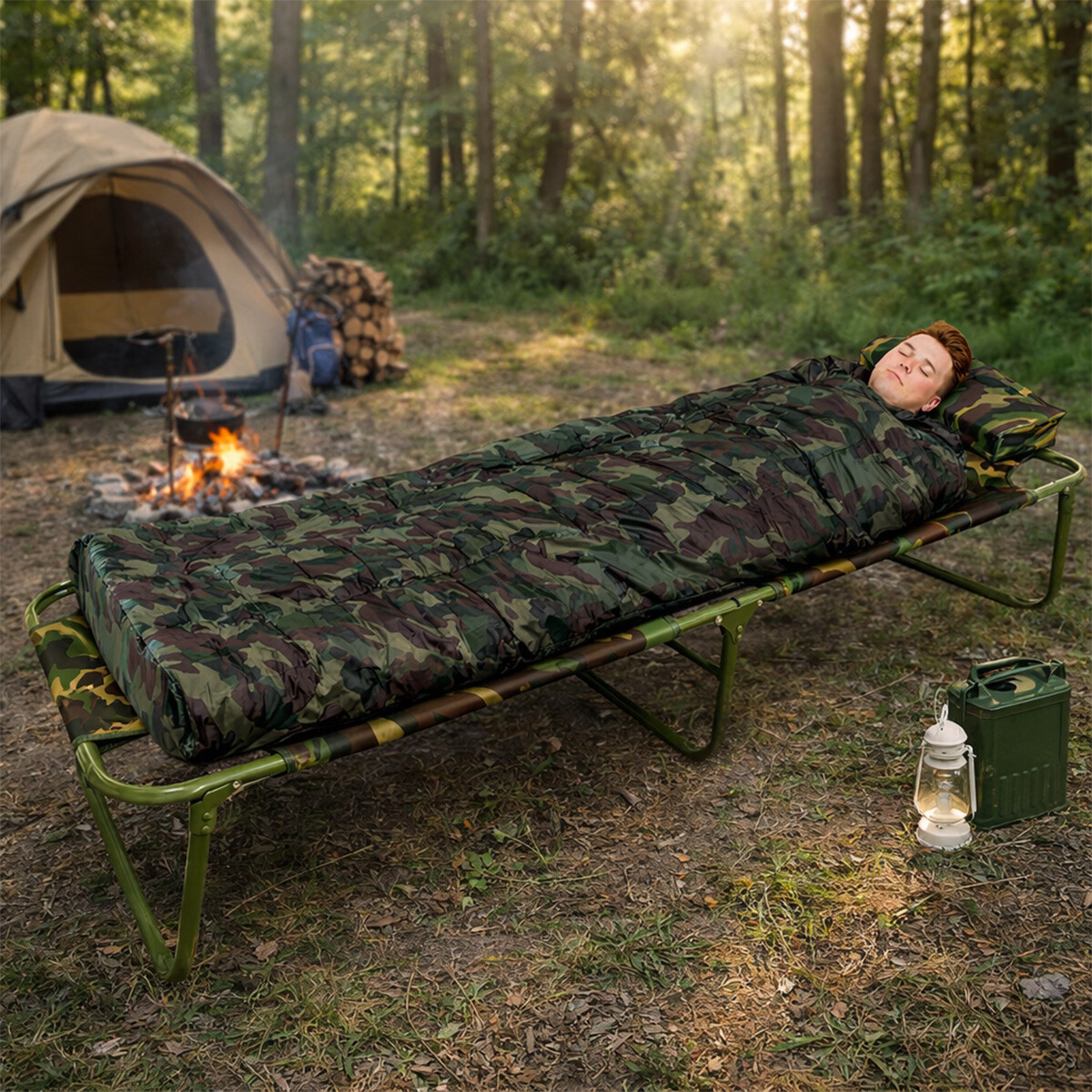 COMBO: Catre Plegable Camuflado + Sobre de dormir camuflado 