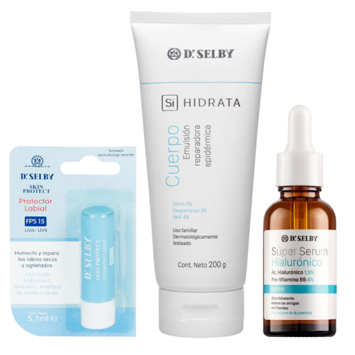 Pack Dr. Selby Crema Corporal SiHidrata 200G + Sérum Hialurónico 30ml + Protector Labial FPS15 5.7ml 