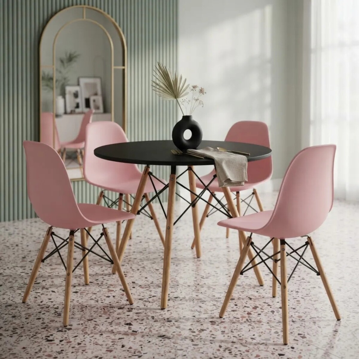 Juego de comedor Con Mesa Circular de 80cm + 4 Sillas Eames - Rosa/Negro 