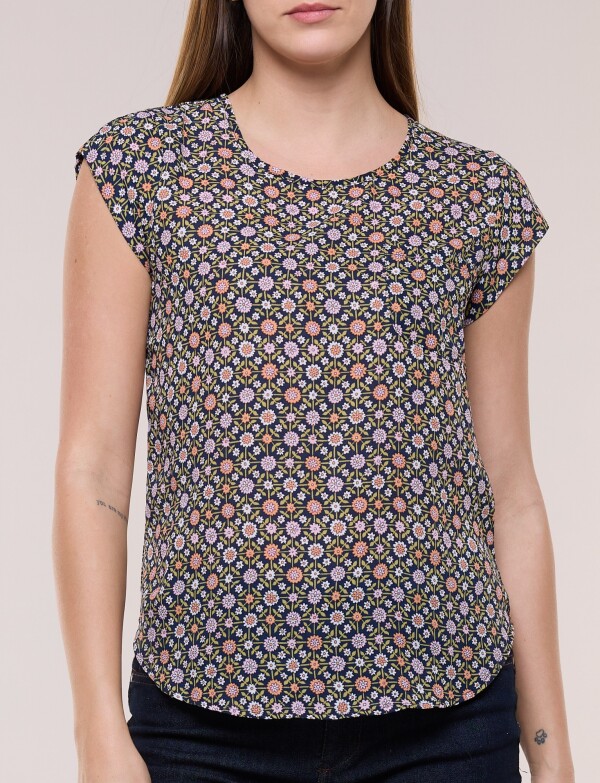 Blusa De Gasa Manga Corta Con Bolsillo Frontal MULTI/AZUL