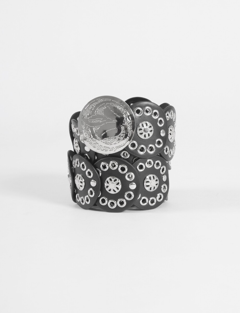 Cinturon diseño circular hebilla medalla - negro 