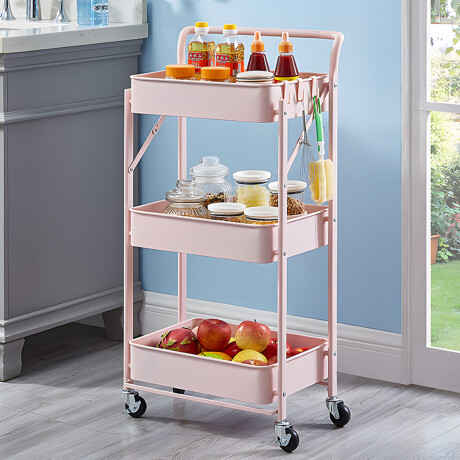 Carro Plegable Organizador Multiuso 3 Estantes Con Ruedas Rosa