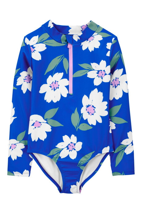Malla de baño una pieza manga larga con protección UPF 50+ diseño floral. Talles 6-8 Sin color