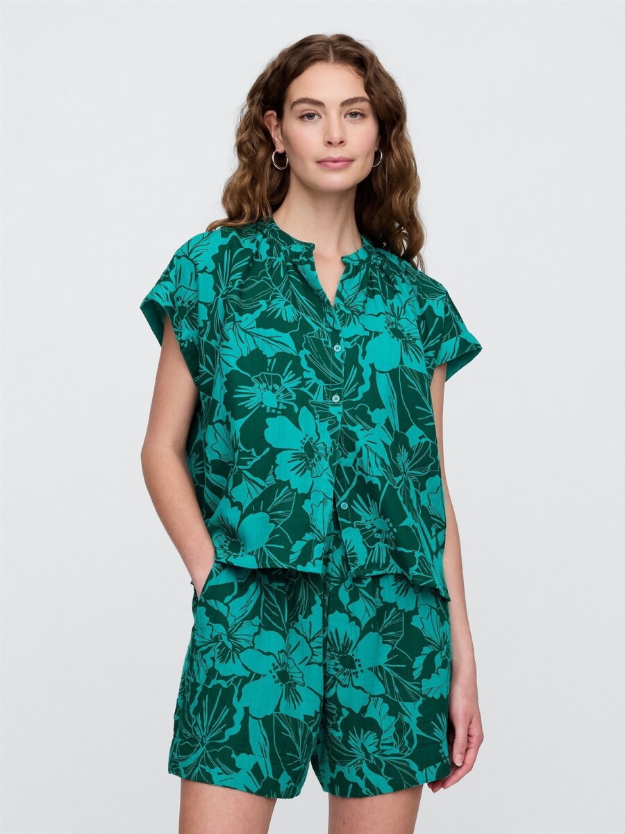 Blusa Muselina Manga Corta Mujer - Blue Floral 