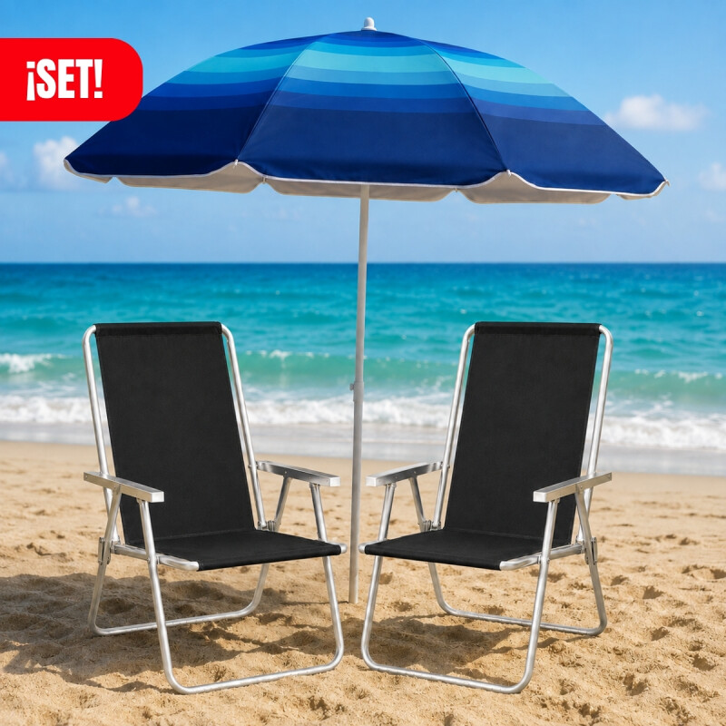 Set x2 Silla Alta Conforto Aluminio + Sombrilla NEGRO