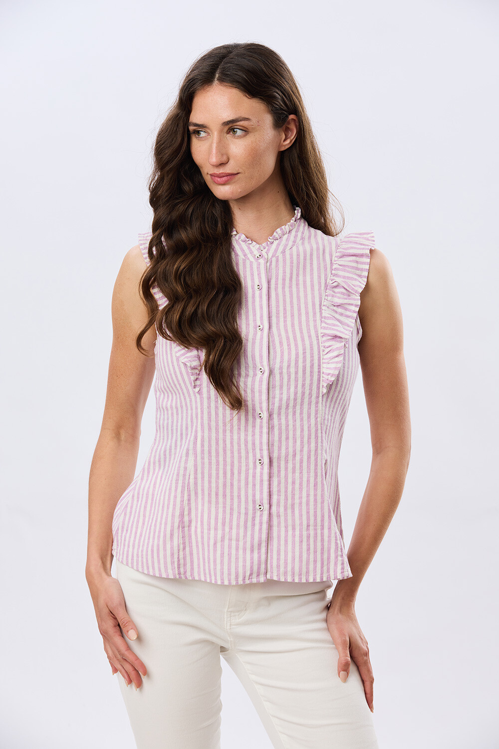 CAMISA DE LINO RAYADA Lila-Oscuro