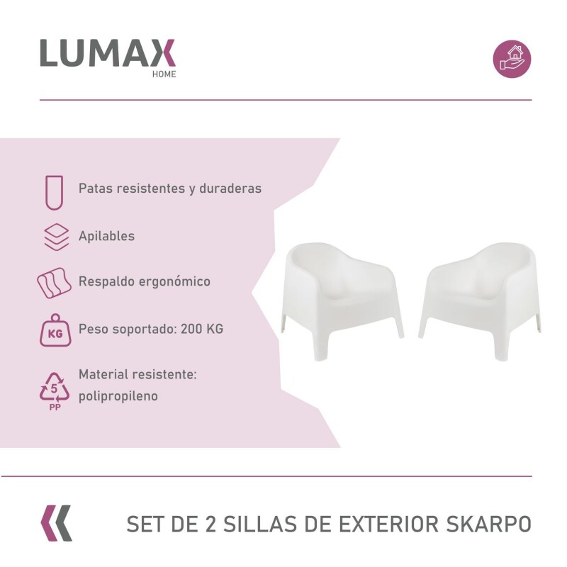 Set de 2 Silla Plastico Skarpo Jardin Liso Blanco